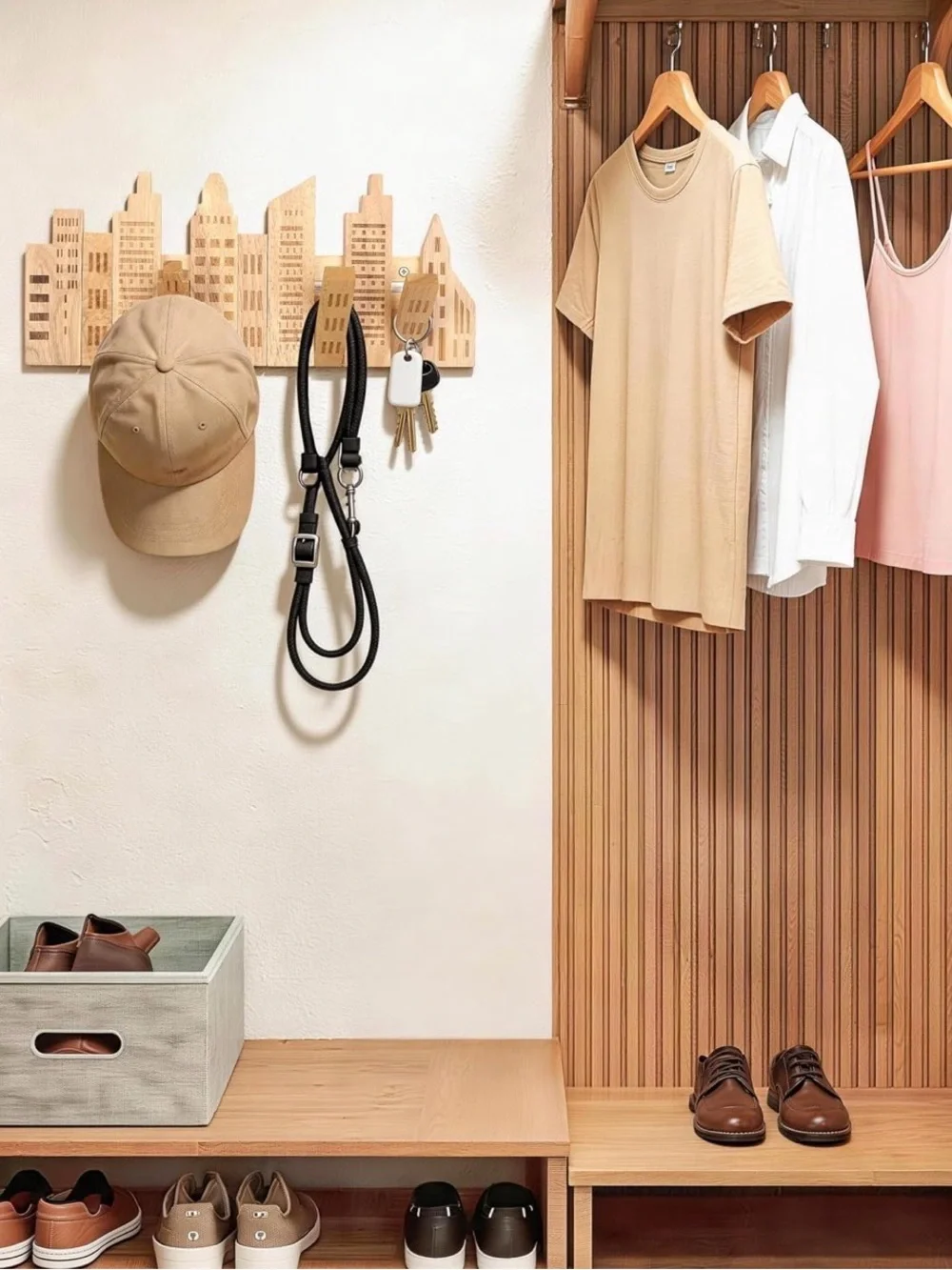 Wooden Cityscape Wall Hook Rack in Natural Wood